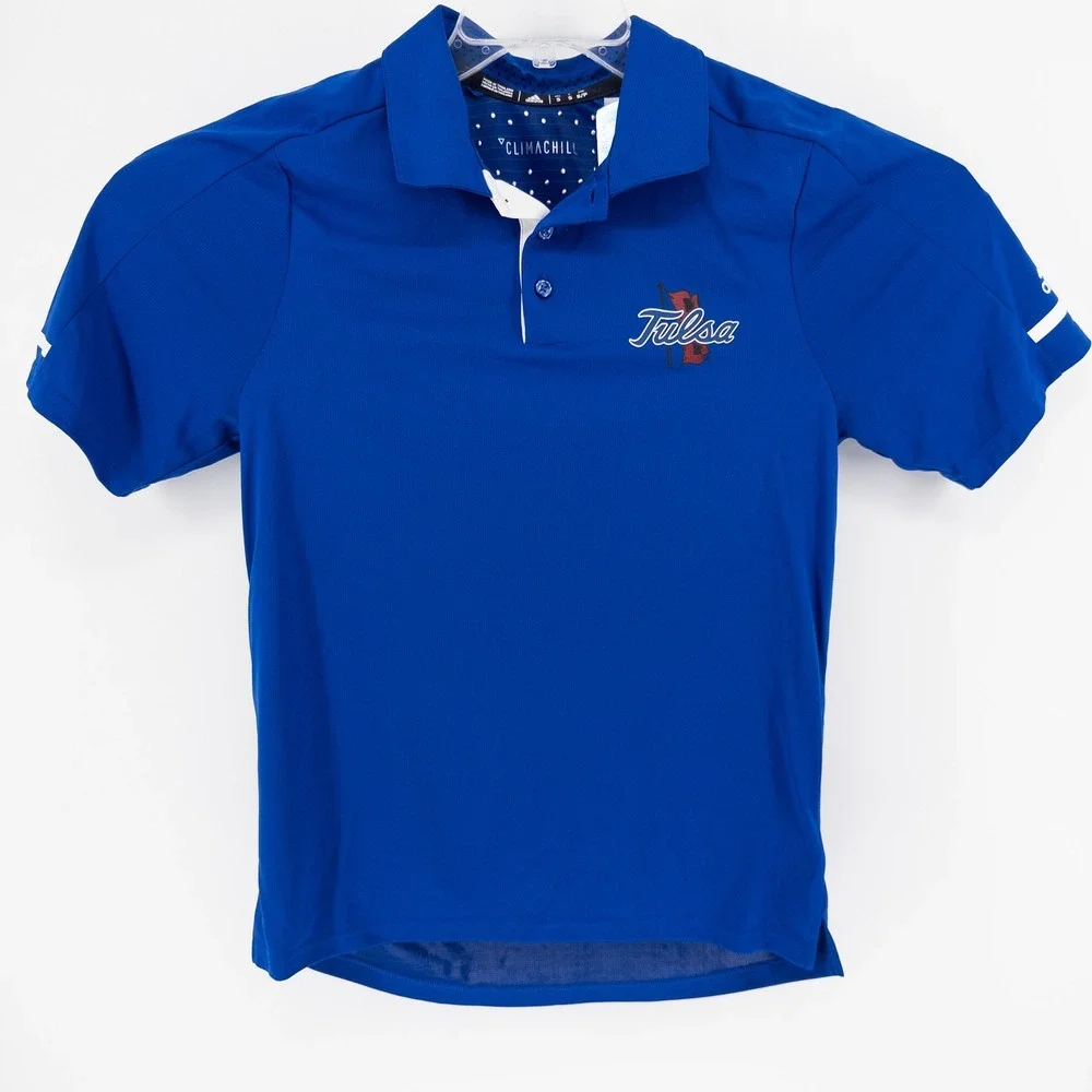NWT Adidas University of Tulsa Mens Small Polo Shirt Blue‎ Climachill Athletic